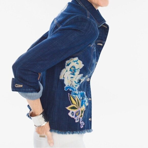 Chicos Long Sleeve Floral Embroidered Applique Denim Jacket Ladies Size 2 / L - Picture 1 of 16